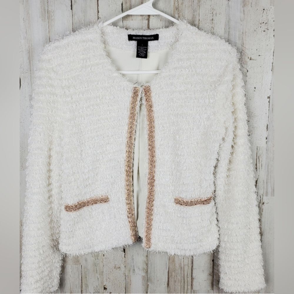 Mason Thomas Blazer tiered white fringe eyelash open front rose gold detail sz L